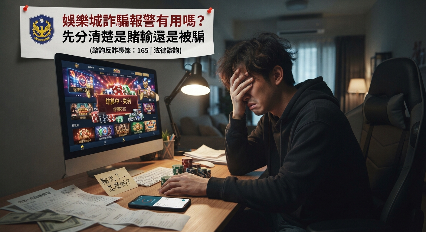 圖片顯示一名男子坐在電腦前懊惱地遮住臉,螢幕上顯示線上娛樂城畫面。 上方張貼著寫有「娛樂城詐騙報警有用嗎?先分清楚是賭輸還是被騙」的標題紙條。