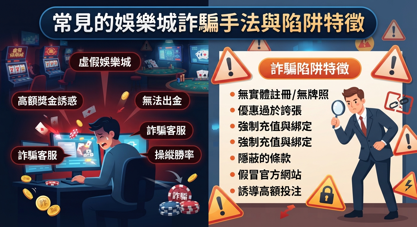 圖片左側顯示一名男子在電腦前懊惱,畫面標示了「高額獎金誘惑」、「無法出金」等詐騙手法;右側則有一位探長正審視多項詐騙陷阱特徵。