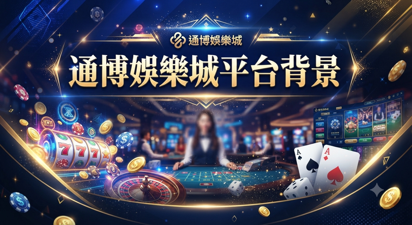 這是一張展現線上娛樂城氛圍的精美背景圖，以深藍色調為基底並融入金色的光影元素，營造出高端且奢華的質感。 畫面中巧妙結合了老虎機、輪盤、撲克牌與骰子等經典博弈元素，中央標題「通博娛樂城平台背景」則清晰醒目地呈現。