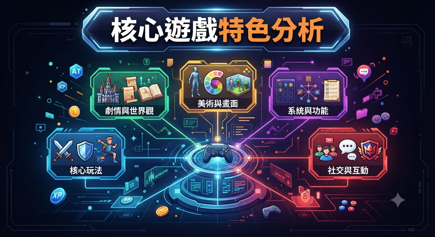 這張圖片以科技感風格呈現「核心遊戲特色分析」的架構圖。 中央連結各項要素，並圍繞著劇情、美術、系統、玩法與社交五大核心板塊。