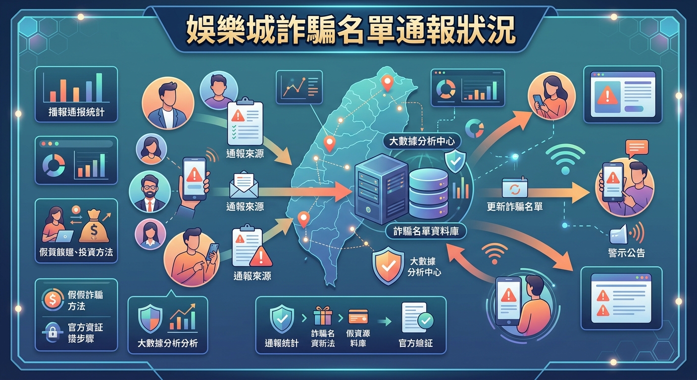 這張圖表展現了娛樂城詐騙通報與大數據分析的運作流程,幫助民眾了解防詐資訊。 畫面以藍色調為主,結合地圖、統計圖表與手機警示圖示,清晰呈現數據匯整與通報機制。