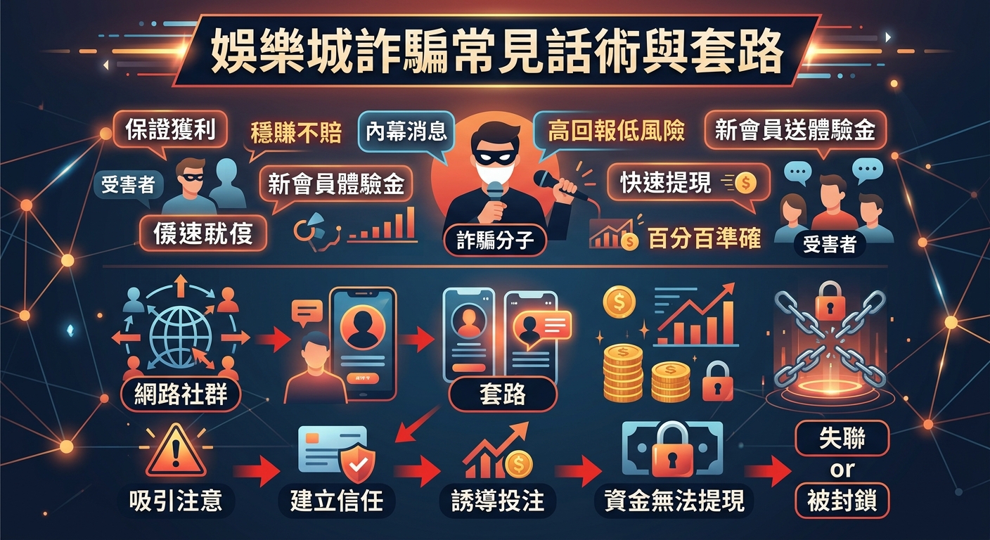 這張圖片是一份關於娛樂城詐騙套路的資訊圖表,上方印有醒目的中文標題「娛樂城詐騙常見話術與套路」。 內容結合了圖示、流程箭頭與人像,詳細展示了詐騙集團常見的誘騙話術以及受害者從接觸到被封鎖的完整過程。